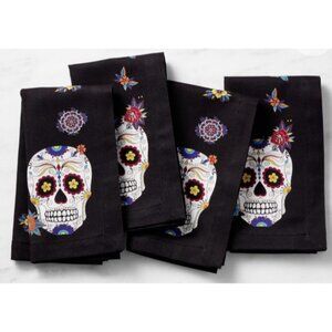 NWT 4 Williams Sonoma Black Dinner Napkins Day of the Dead Skull Cinco De Mayo